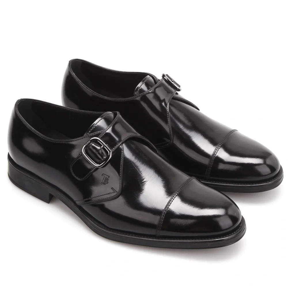 Tods Leather Monk Strap Shoe Shiny Black Mens Size 8 Almond Toe Oxford Buckle